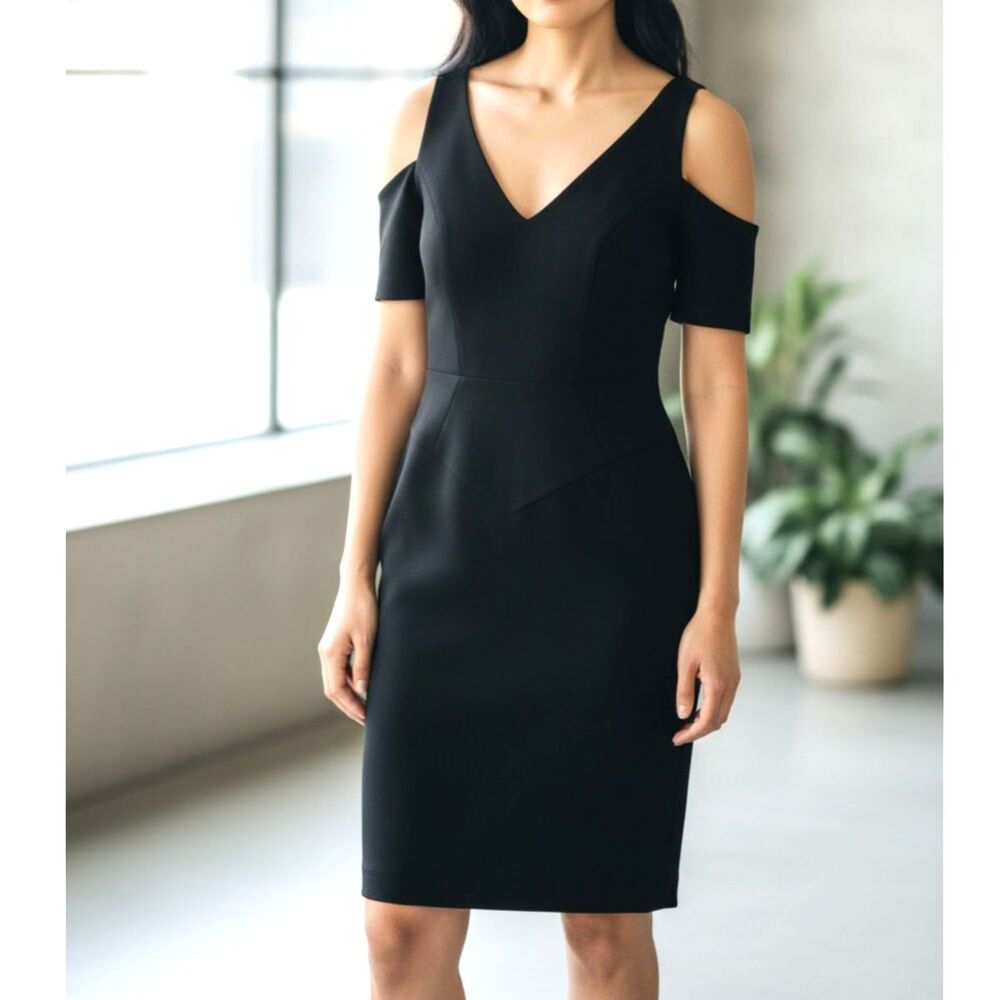 Milly Larissa Dress Black V-Neck Sleeveless Bodycon Cold Shoulder LBD NWT Sz 10 - Picture 2 of 9